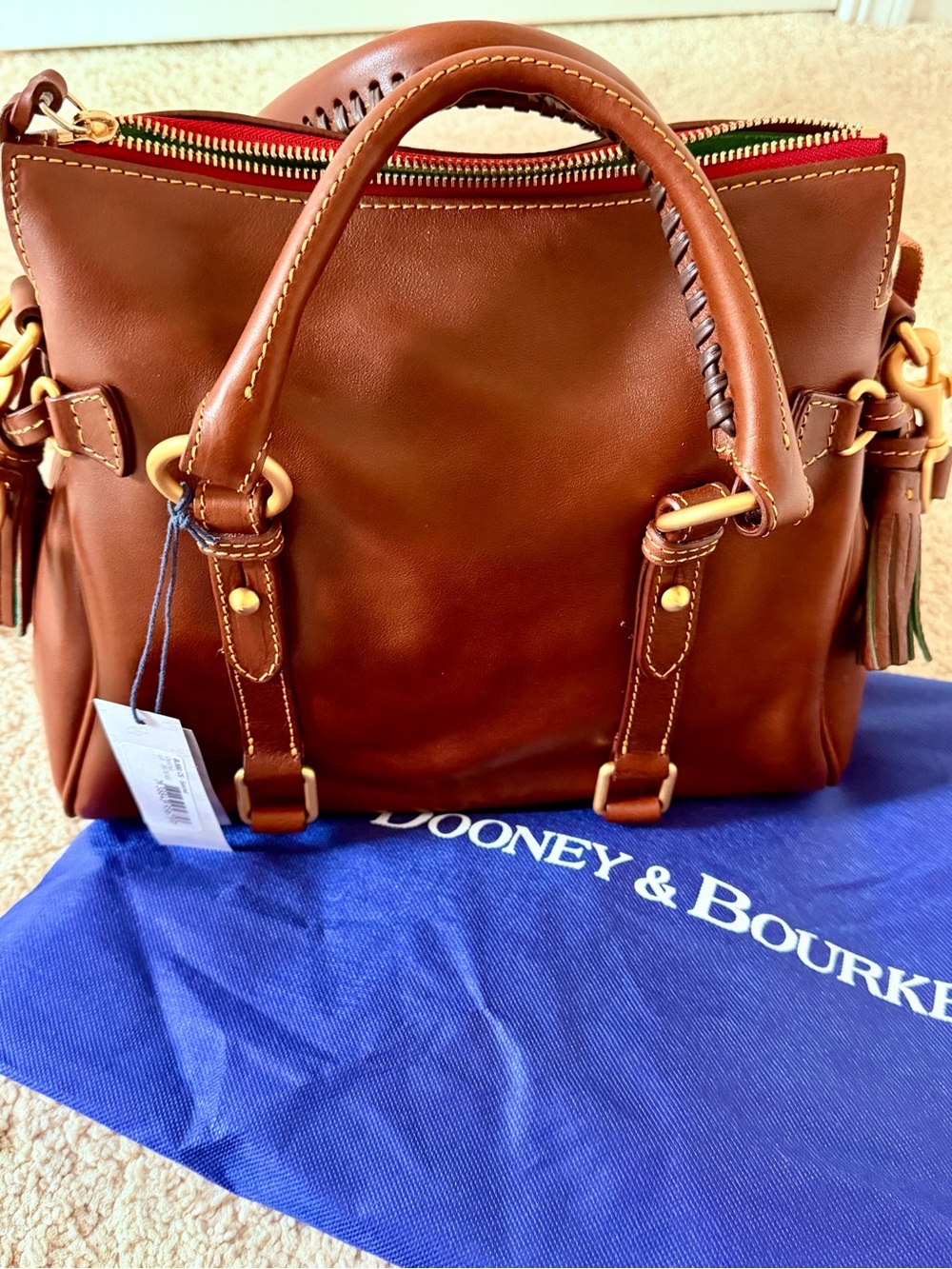 NEW:Dooney & Bourke Florentine Chestnut Brown Leather Satchel with Gold Hardware - Picture 6 of 7